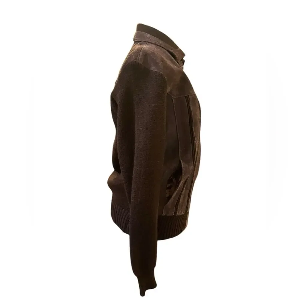 Vtg 80s Rugged Brown Suede Knit Sleeve Retro Grandpa Bomber Jacket M Retro